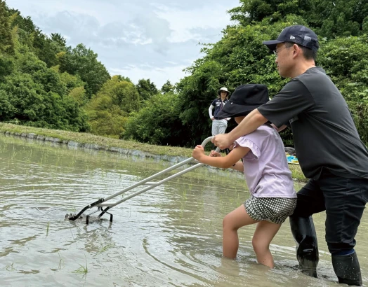 田んぼを耕している子どもと男性