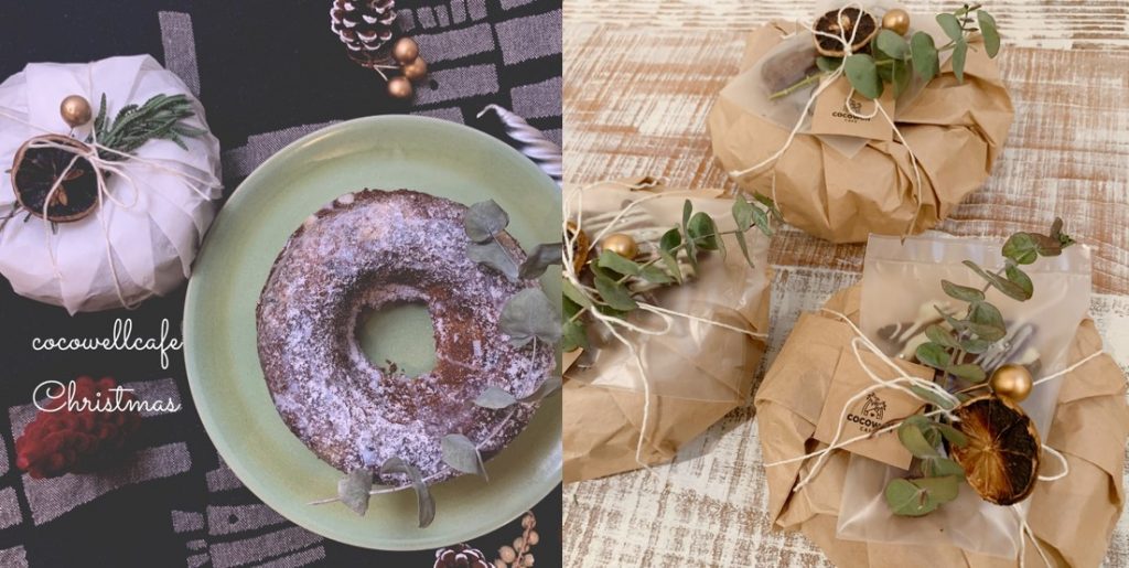 完成したクリスマスケーキとヤシの木クッキー