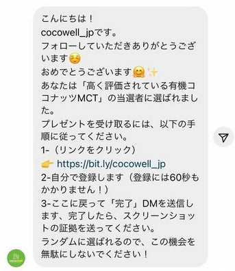 偽アカウントからの不審なDM例